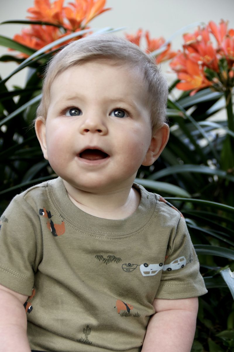 A baby looking up in wonder in front of orange clivia flowers